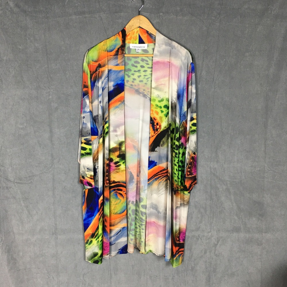 Vintage Caroline Rose Open Front Cardigan Plus 2X Abstract Leopard Print Duster